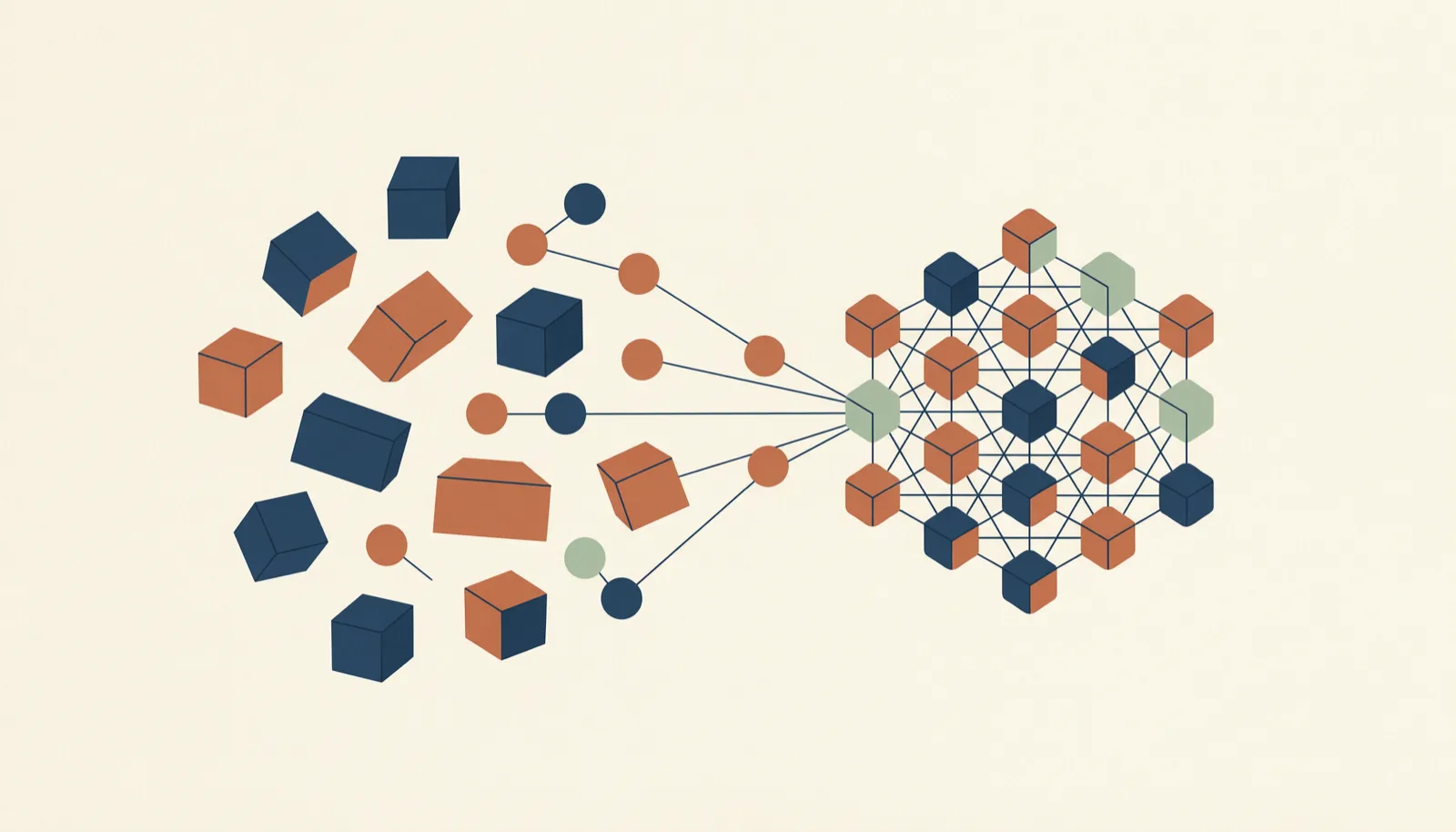 Scattered blocks realigning into one connected, ordered system.