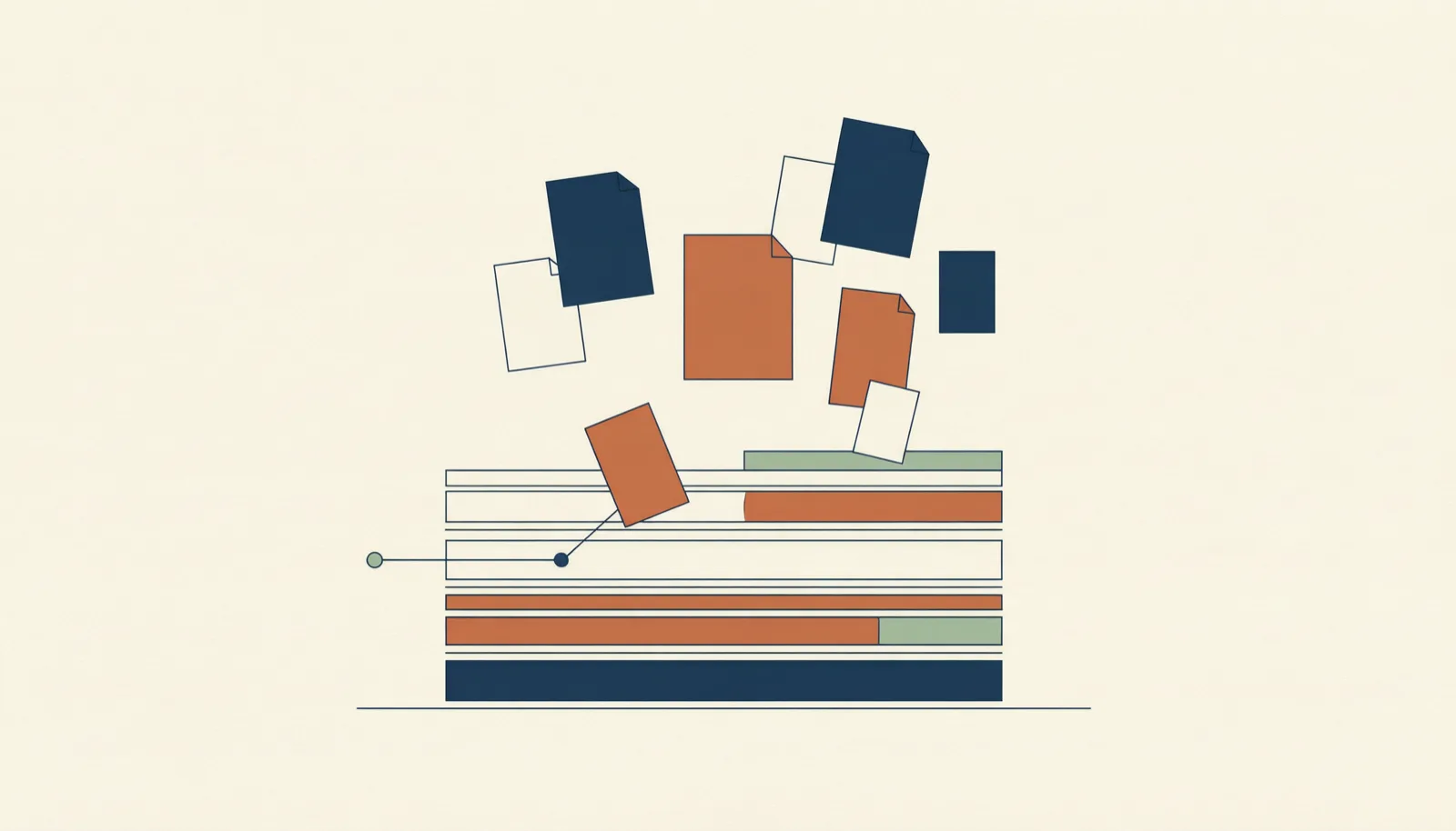 Documents settling into layered strata, queried by a single retrieval line.